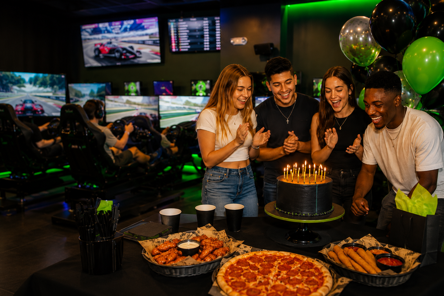 Birthday party with racing simulators, VR, pizza, cake, and food at Simulation Zone