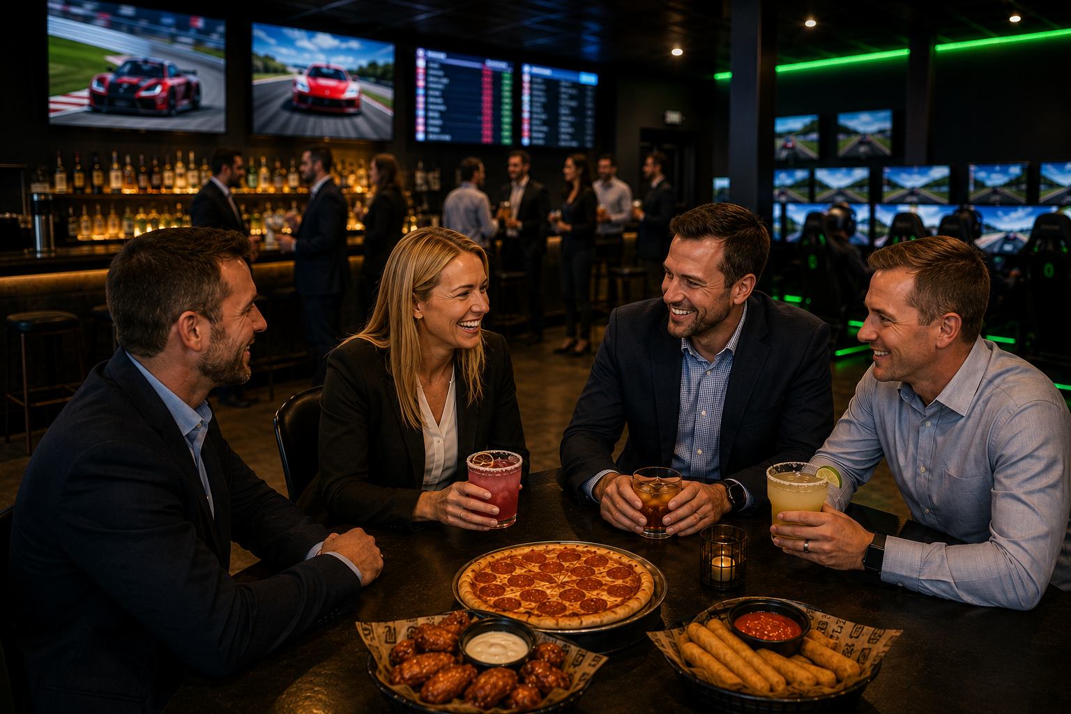 Corporate event with team building, food, drinks, and racing simulators near Chicago