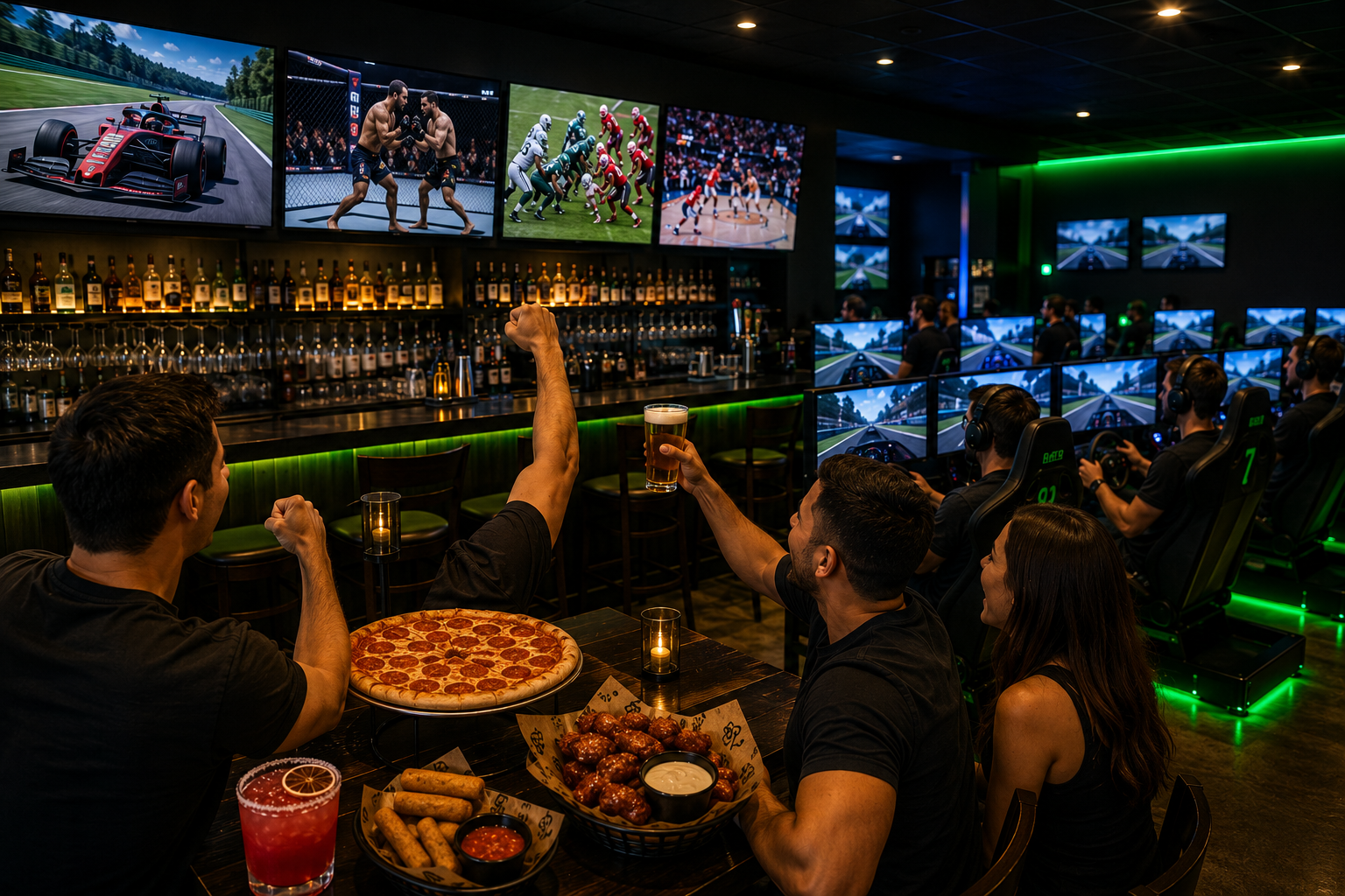 Sports bar and live events with TVs, food, drinks, and racing simulators near Chicago